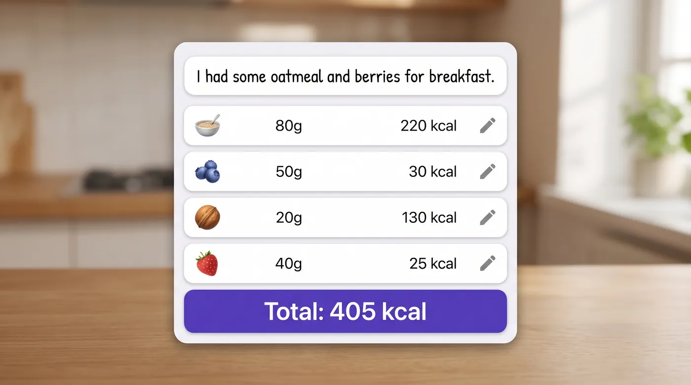 A typed sentence about breakfast splitting into four resolved food rows with grams and calories, and a total at the bottom.