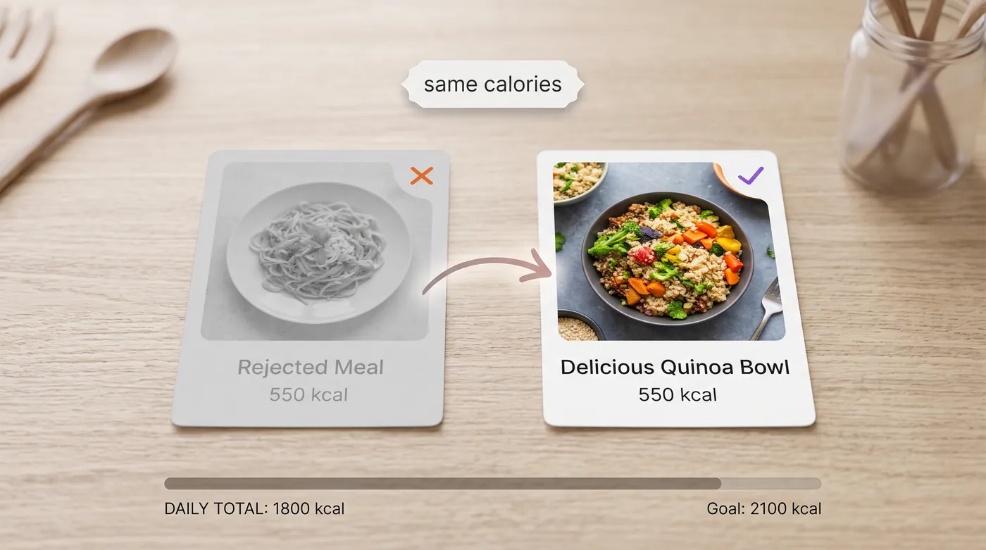 A meal plan card being replaced by an alternative recipe card of similar calories, with the weekly total staying the same.