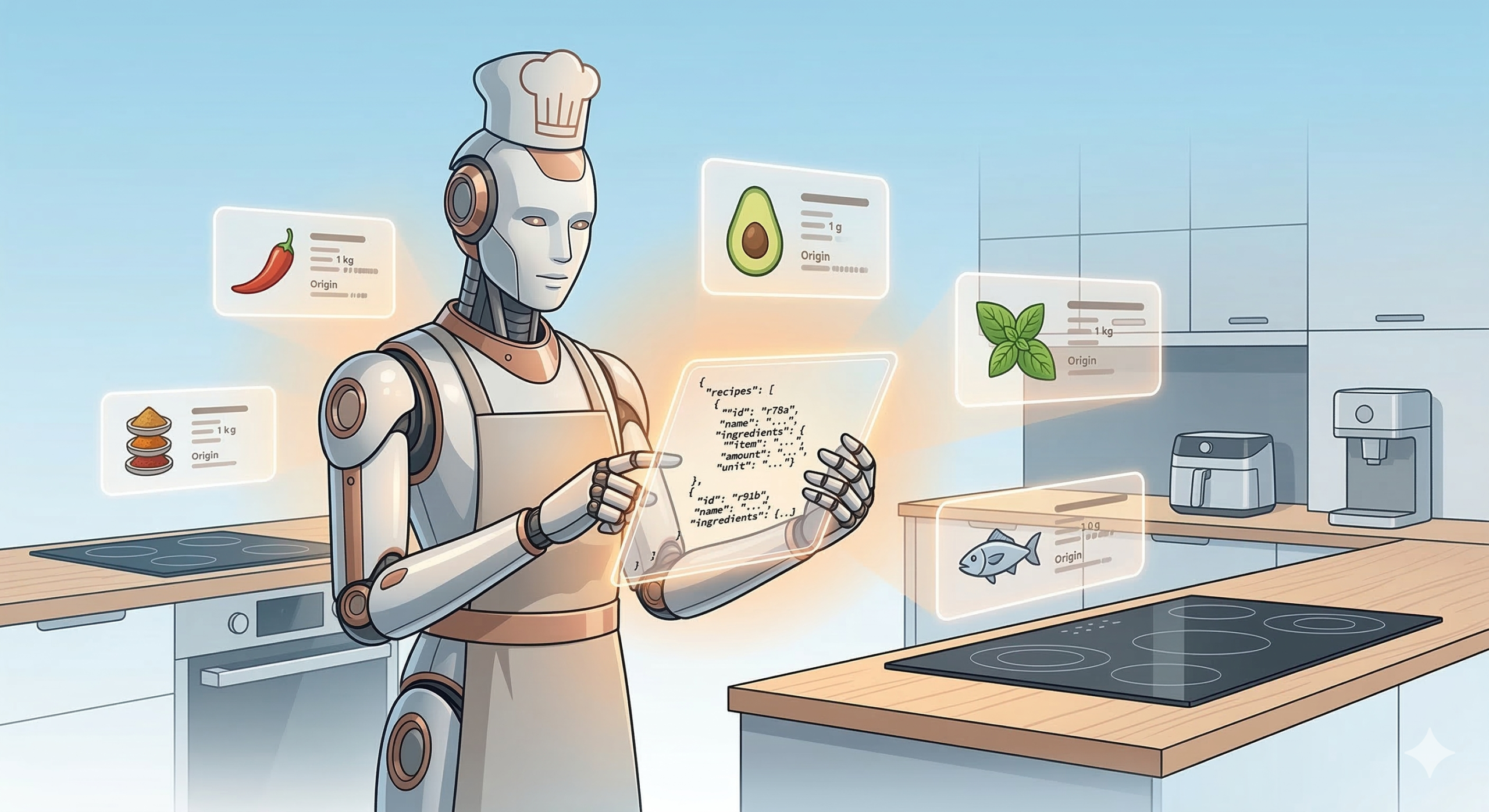 Futuristic illustration depicting the evolution of recipe APIs with AI integration, real-time personalization, and global cuisine databases