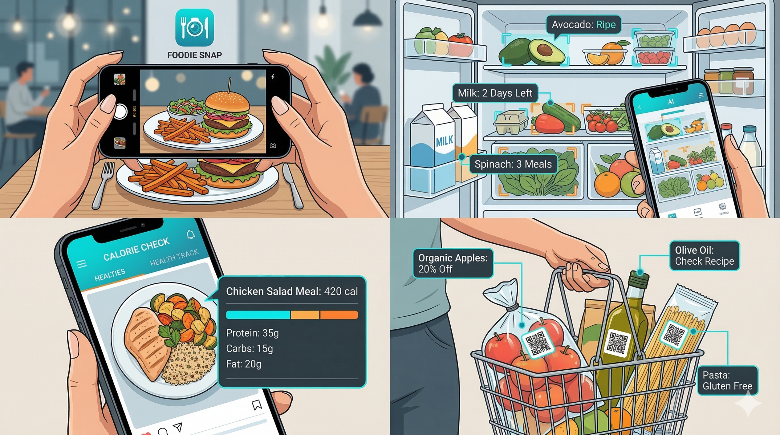 Mobile app mockup showing a ramen photo identified by AI with dish name, 94 percent confidence score, calorie count, and alternative suggestions